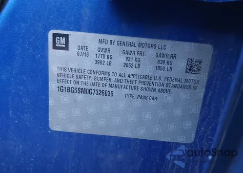 2016 Chevrolet Cruze Premier Auto из США, поврежденный, VIN 1G1BG5SM0G7326036